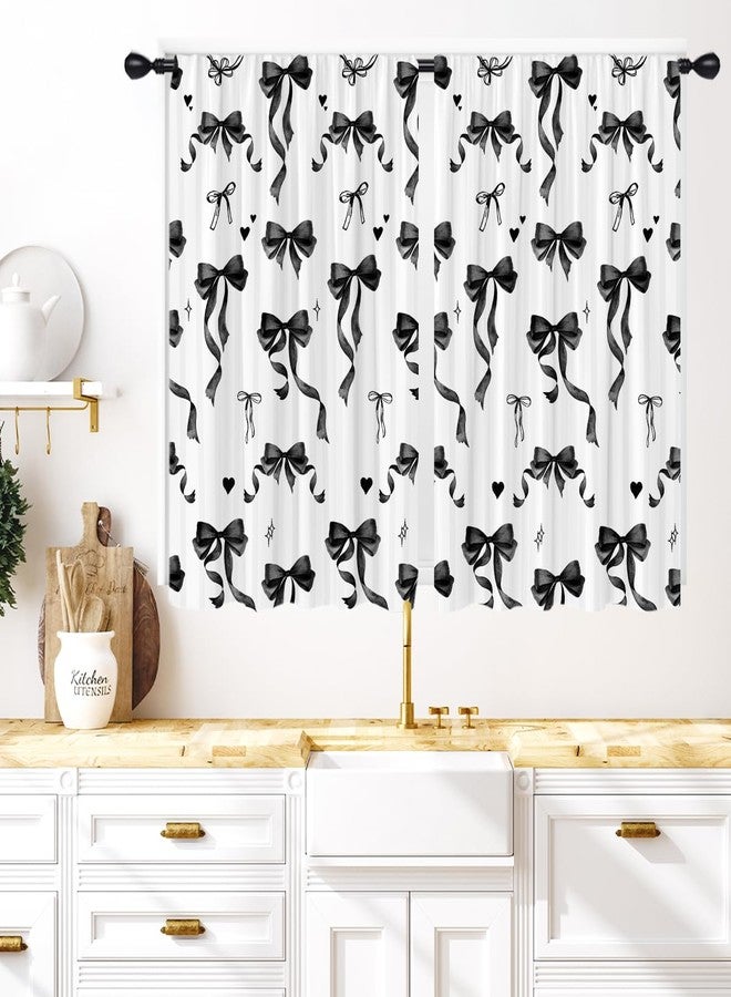 Coxila Black Bow Kitchen Window Curtains 27.5 x 39 Inch Small Short Mini Cafe Rod Pocket Cute Giry Girls Kawaii Princess for Living Bedroom Room Home Treatment Set of 2 Curtain Panels Drapes Tiers - Image 1